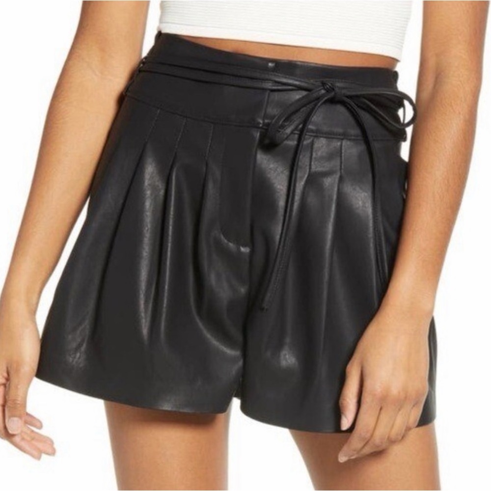 Blank NYC Black Faux Leather Pleated Skort with Waist Tie